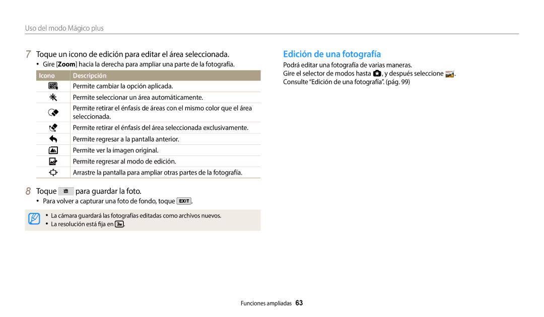 Samsung EC-WB350FBPBE1 manual Edición de una fotografía, Permite seleccionar un área automáticamente, Seleccionada 