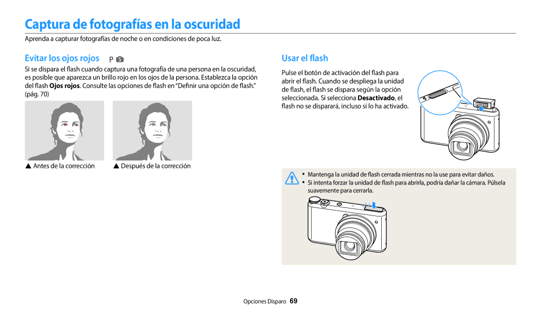 Samsung EC-WB352FBDWE1, EC-WB350FBPBE1 Captura de fotografías en la oscuridad, Evitar los ojos rojos p s, Usar el flash 