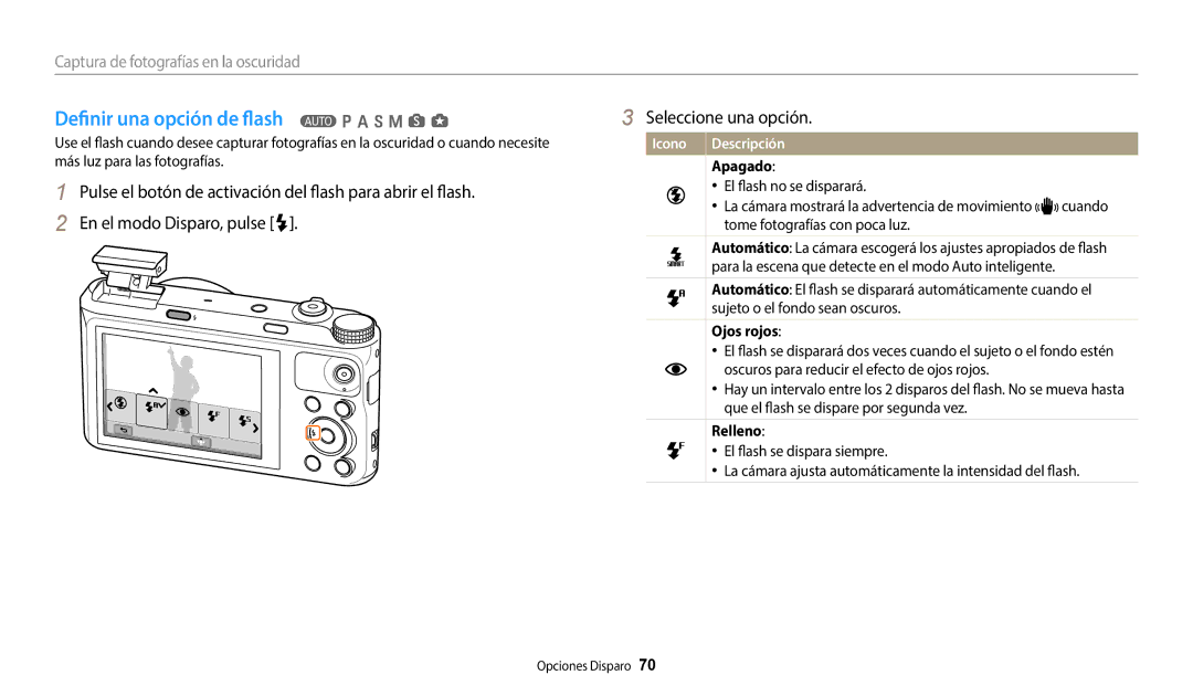 Samsung EC-WB50FZBPRE1, EC-WB350FBPBE1 manual Definir una opción de flash T p a h M s g, Apagado, Ojos rojos, Relleno 
