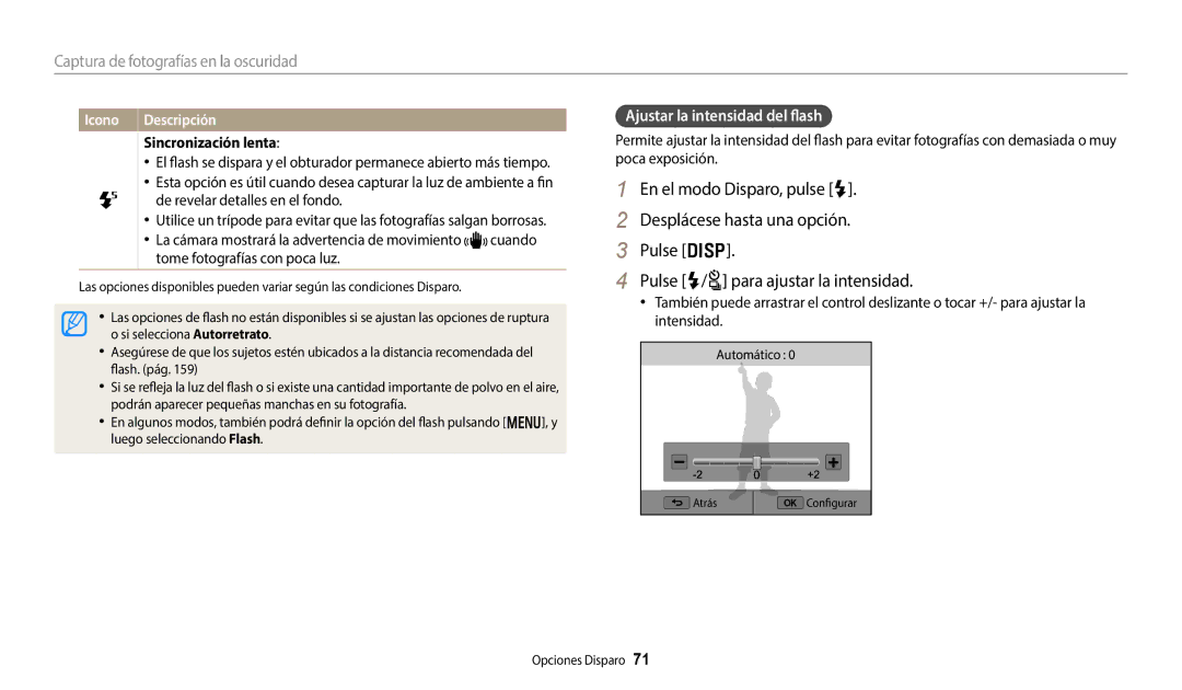 Samsung EC-WB350FBPBE1 manual Ajustar la intensidad del flash, Sincronización lenta, De revelar detalles en el fondo 