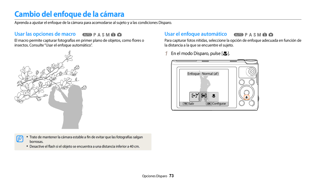 Samsung EC-WB350FBPWE1, EC-WB350FBPBE1, EC-WB50FZBPWE1 manual Cambio del enfoque de la cámara, En el modo Disparo, pulse c 