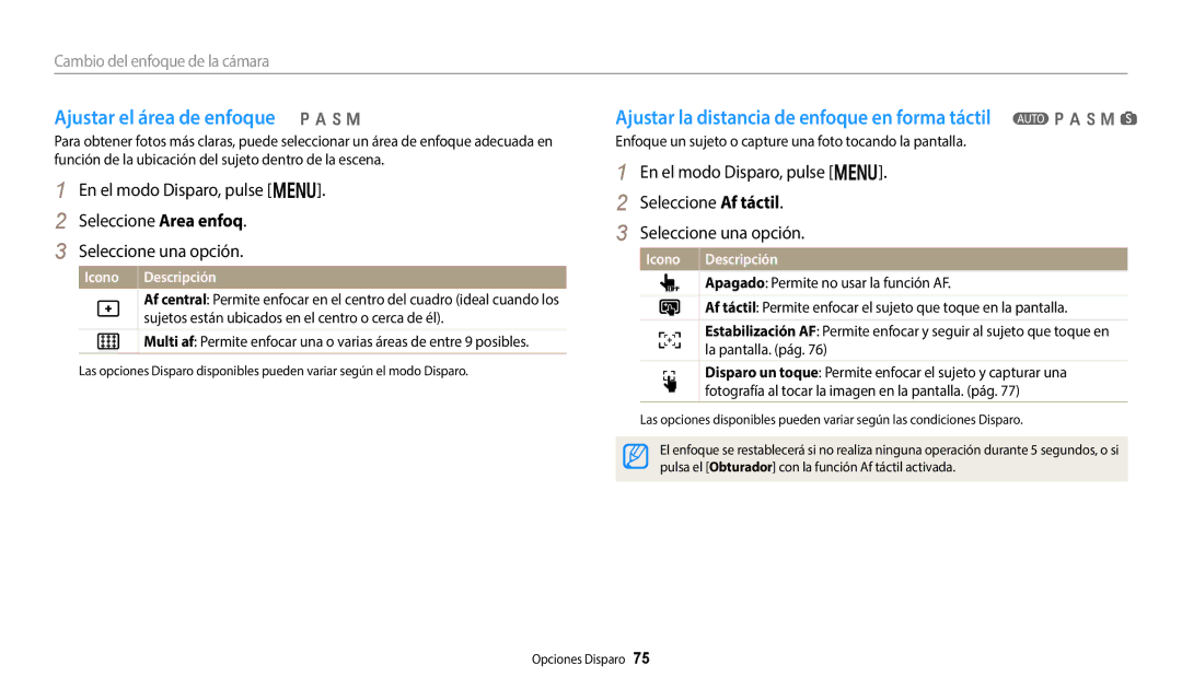 Samsung EC-WB50FZBPBE1 Ajustar el área de enfoque p a h M, Ajustar la distancia de enfoque en forma táctil T p a h M s 