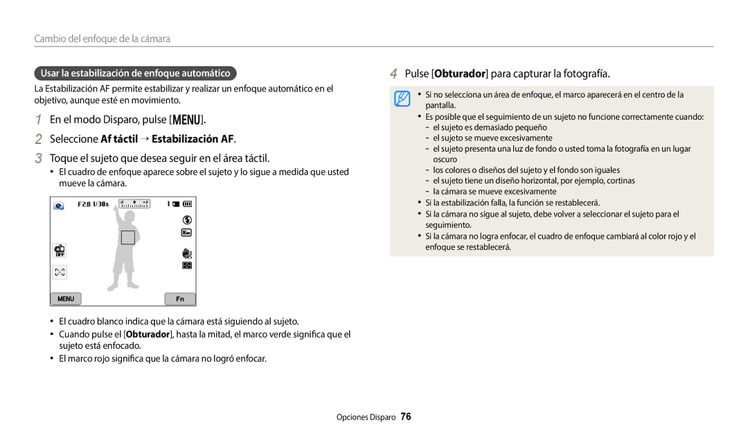 Samsung EC-WB350FBPNE1 manual Seleccione Af táctil → Estabilización AF, Toque el sujeto que desea seguir en el área táctil 