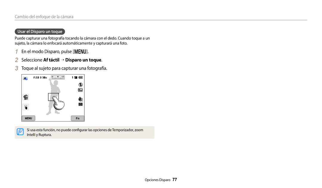 Samsung EC-WB352FBDWE1 manual Seleccione Af táctil → Disparo un toque, Toque al sujeto para capturar una fotografía 
