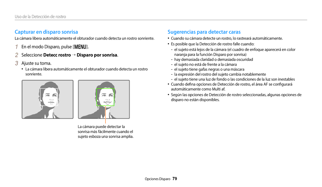 Samsung EC-WB350FBPBE1, EC-WB50FZBPWE1 manual Capturar en disparo sonrisa, Sugerencias para detectar caras, Ajuste su toma 