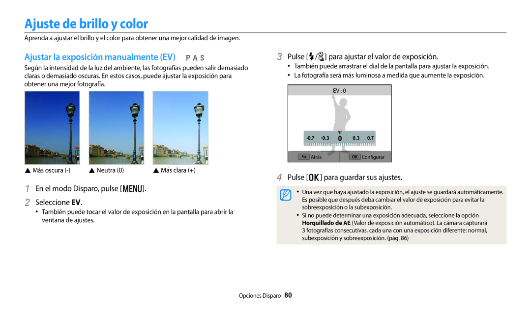 Samsung EC-WB50FZBPWE1, EC-WB350FBPBE1, EC-WB350FBPWE1 Ajuste de brillo y color, Ajustar la exposición manualmente EV p a h 