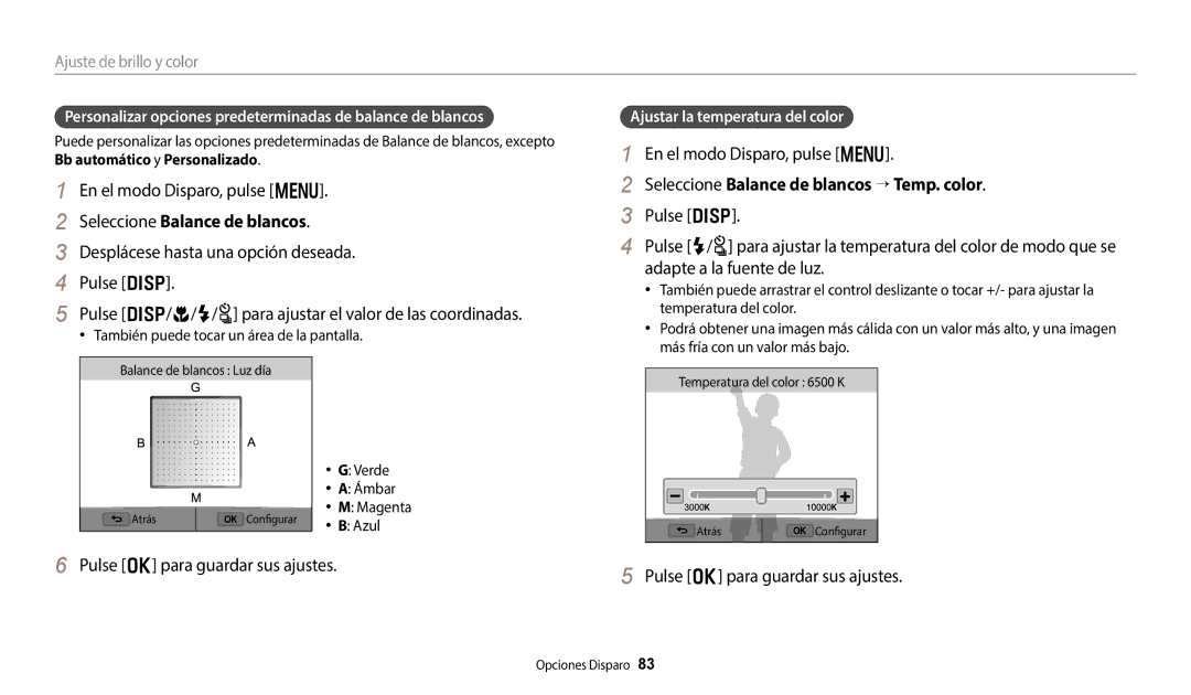 Samsung EC-WB50FZBPBE1, EC-WB350FBPBE1 manual Seleccione Balance de blancos → Temp. color, Ajustar la temperatura del color 