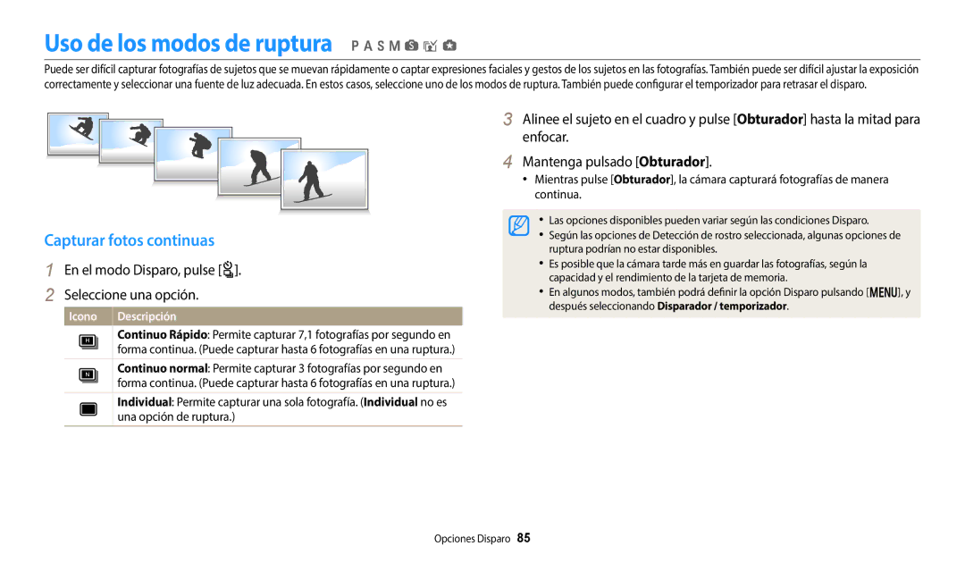 Samsung EC-WB352FBDWE1 manual Uso de los modos de ruptura p a h M s i g, Capturar fotos continuas, Una opción de ruptura 