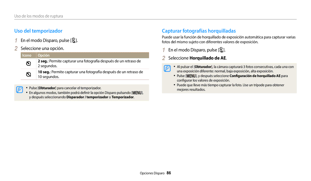 Samsung EC-WB50FZBPRE1 Uso del temporizador, Capturar fotografías horquilladas, En el modo Disparo, pulse t, Icono Opción 