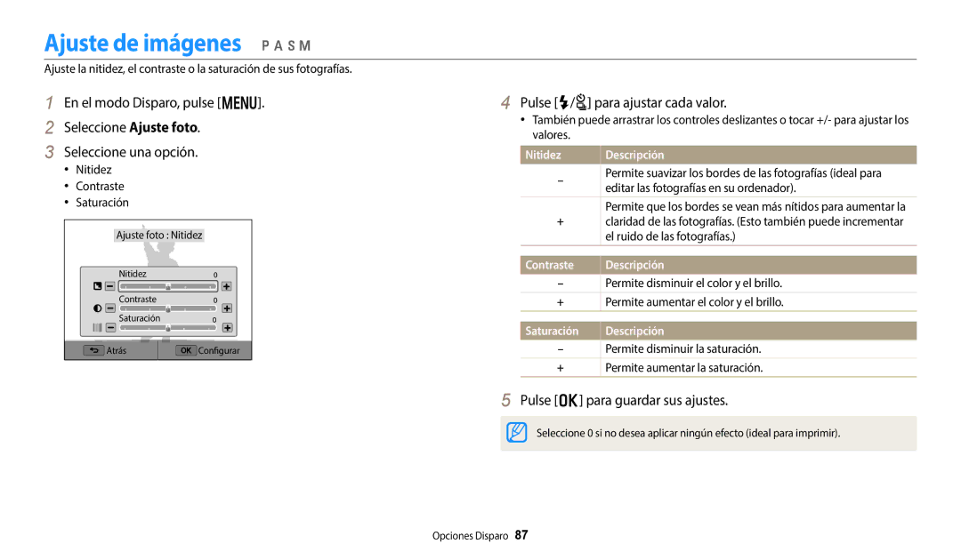 Samsung EC-WB350FBPBE1, EC-WB50FZBPWE1, EC-WB350FBPWE1 manual Ajuste de imágenes p a h M, Pulse F/t para ajustar cada valor 