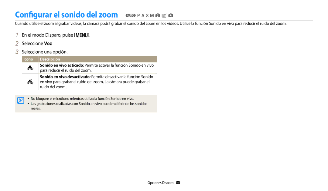 Samsung EC-WB50FZBPWE1, EC-WB350FBPBE1, EC-WB350FBPWE1 Configurar el sonido del zoom T p a h M s i g, Icono Descripción 