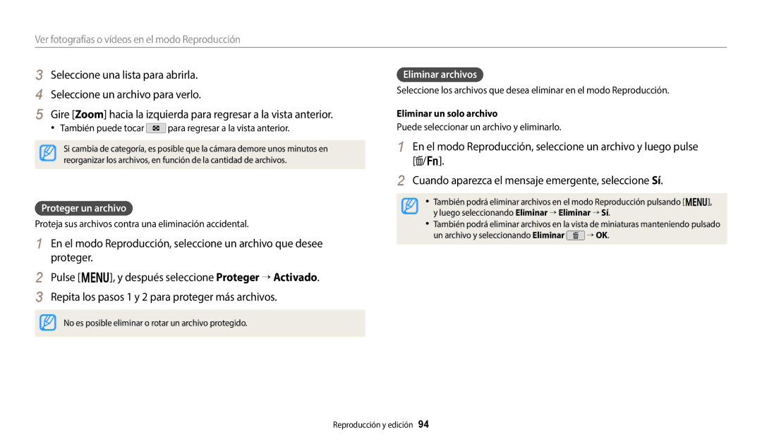 Samsung EC-WB50FZBPRE1, EC-WB350FBPBE1, EC-WB50FZBPWE1 Proteger un archivo, Eliminar archivos, Eliminar un solo archivo 