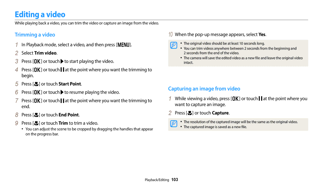 Samsung EC-WB351FBPWIL, EC-WB350FBPBFR Editing a video, Trimming a video, Capturing an image from video, Select Trim video 
