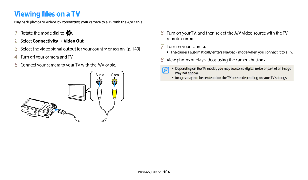 Samsung EC-WB50FZBPRIL, EC-WB350FBPBFR, EC-WB50FZBPBFR manual Viewing files on a TV, Select Connectivity → Video Out 