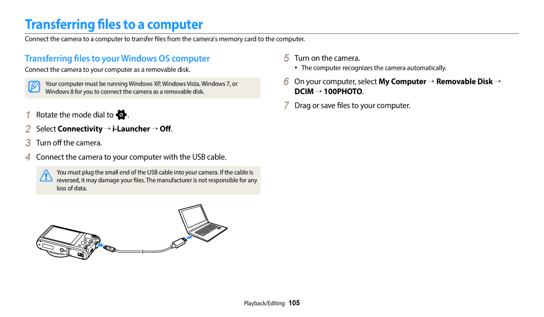 Samsung EC-WB350FBPUIL, EC-WB350FBPBFR Transferring files to a computer, Transferring files to your Windows OS computer 