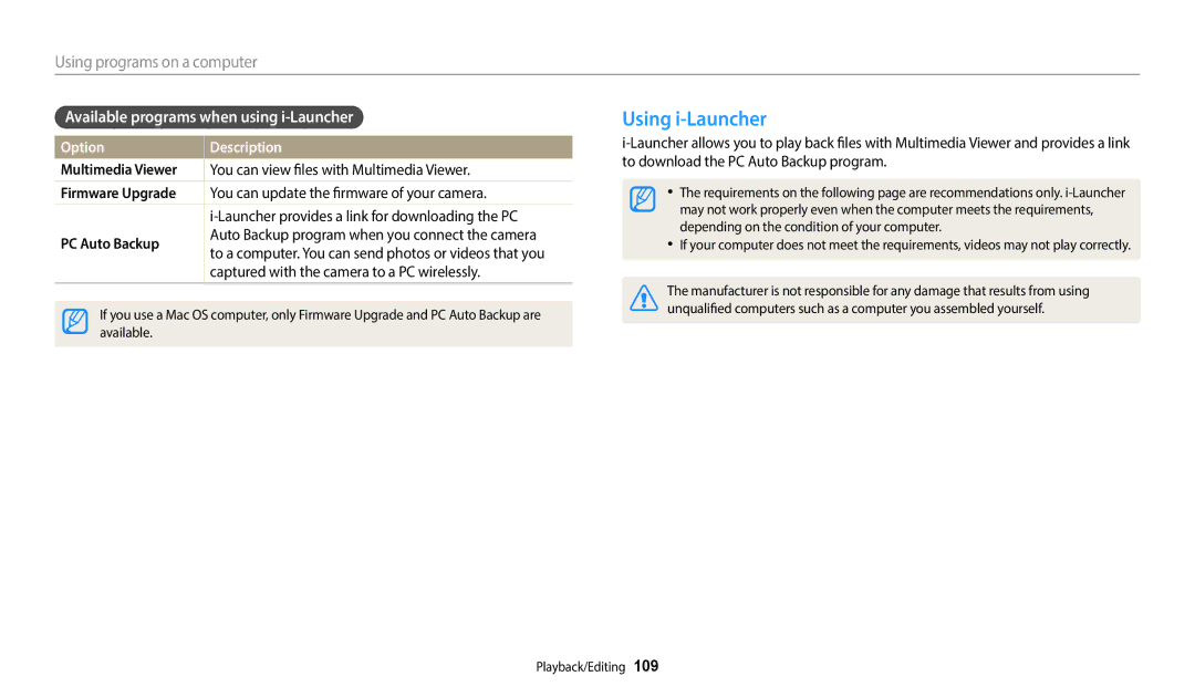 Samsung EC-WB350FBPNIL Using i-Launcher, Available programs when using i-Launcher, Multimedia Viewer, Firmware Upgrade 