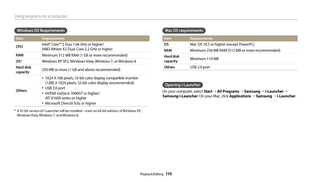 Samsung EC-WB350FBPBFR, EC-WB50FZBPBFR, EC-WB352FBDWFR Windows OS Requirements, Mac OS requirements, Opening i-Launcher 