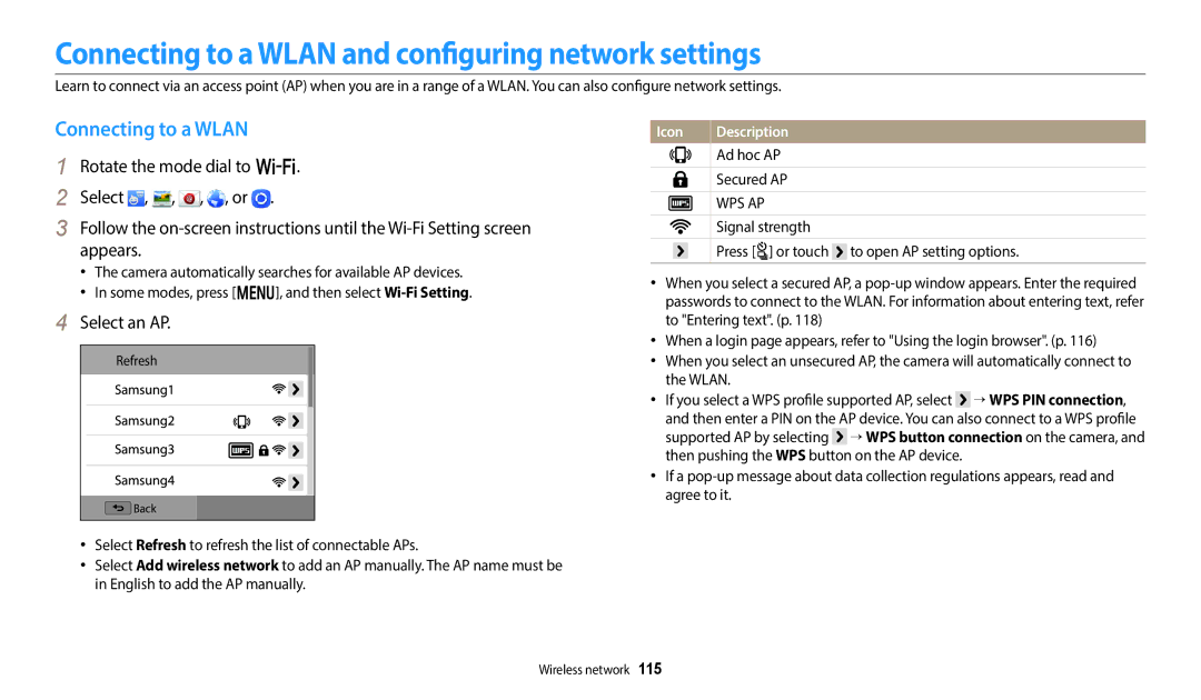 Samsung EC-WB50FZBPWFR, EC-WB350FBPBFR, EC-WB50FZBPBFR Connecting to a Wlan and configuring network settings, Select an AP 