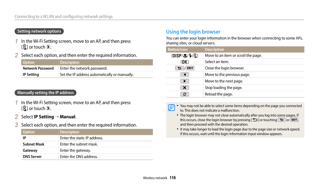 Samsung EC-WB350FBPBE1, EC-WB350FBPBFR manual Using the login browser, Wi-Fi Setting screen, move to an AP, and then press 