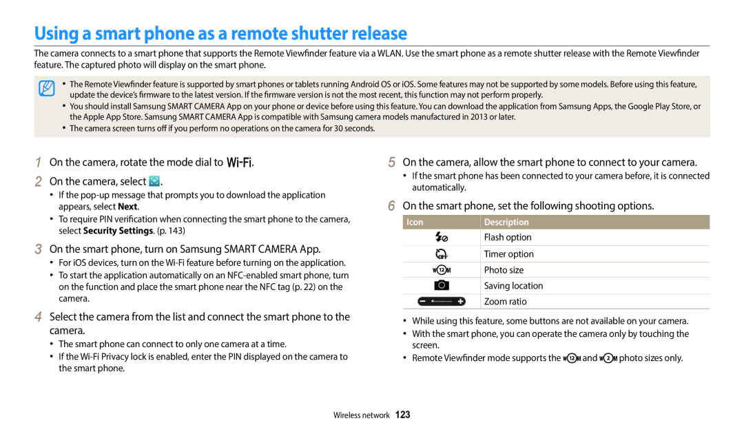 Samsung EC-WB350FBPNE1, EC-WB350FBPBFR, EC-WB50FZBPBFR, EC-WB352FBDWFR manual Using a smart phone as a remote shutter release 