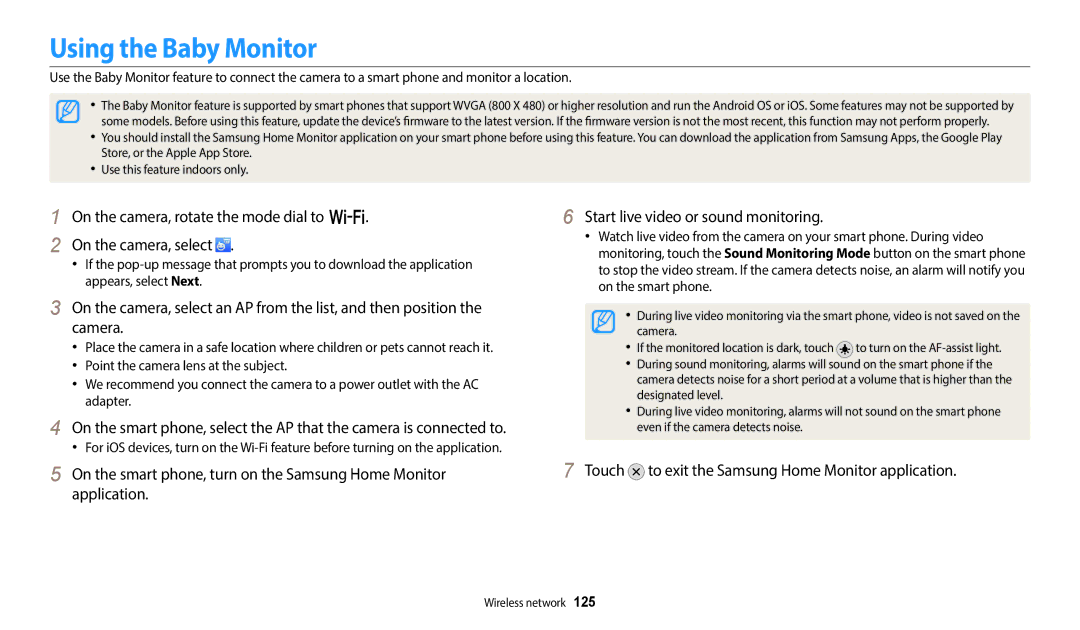 Samsung EC-WB50FZBPRE1, EC-WB350FBPBFR manual Using the Baby Monitor, Touch to exit the Samsung Home Monitor application 