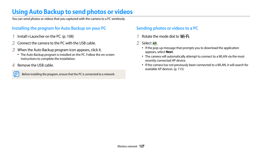 Samsung EC-WB350FBDWM3 manual Using Auto Backup to send photos or videos, Installing the program for Auto Backup on your PC 