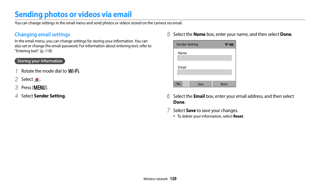 Samsung EC-WB350FBPWDZ, EC-WB350FBPBFR Sending photos or videos via email, Changing email settings, Select Sender Setting 