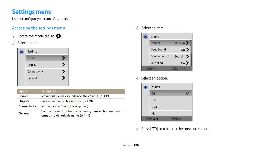 Samsung EC-WB350FBDBM3 Settings menu, Accessing the settings menu, Rotate the mode dial to n Select a menu, Select an item 