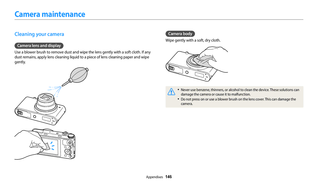 Samsung EC-WB350FBDWSA, EC-WB350FBPBFR manual Camera maintenance, Cleaning your camera, Camera lens and display, Camera body 