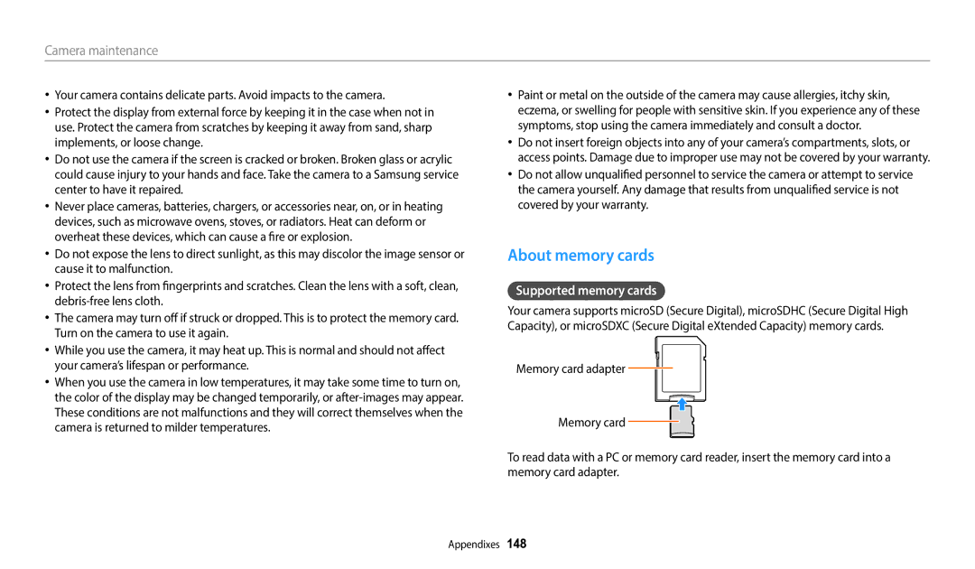 Samsung EC-WB350FBPUDZ, EC-WB350FBPBFR, EC-WB50FZBPBFR, EC-WB352FBDWFR manual About memory cards, Supported memory cards 