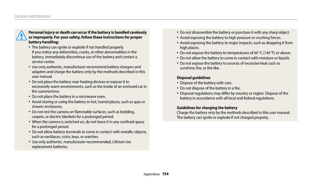 Samsung EC-WB350FDDBZA manual Sunshine, fire, or the like, Disposal guidelines, Guidelines for charging the battery 