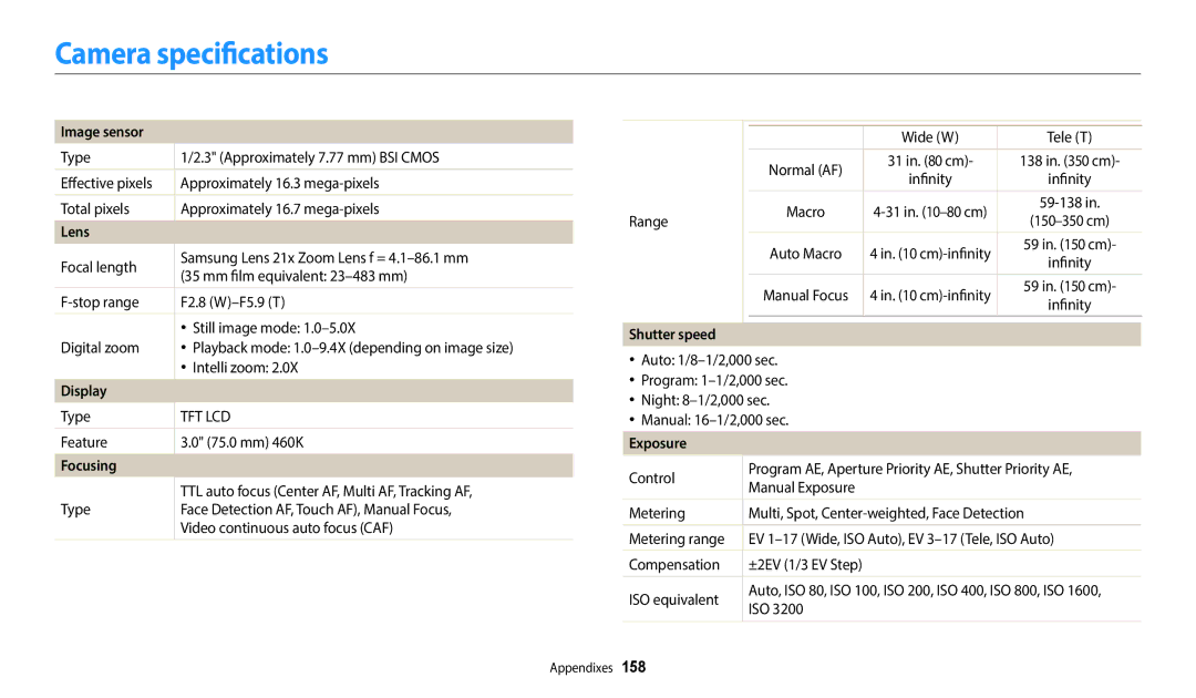 Samsung EC-WB350FBPRDZ, EC-WB350FBPBFR, EC-WB50FZBPBFR manual Camera specifications, Image sensor, Lens, Focusing, Exposure 