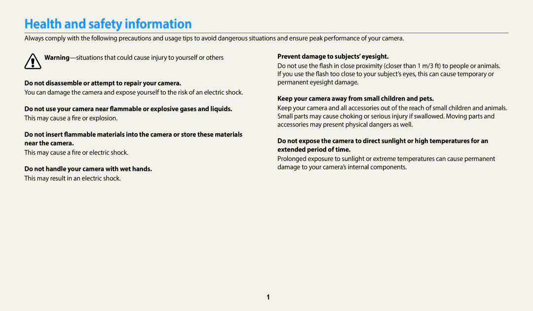 Samsung EC-WB352FBDWFR, EC-WB350FBPBFR Health and safety information, Do not disassemble or attempt to repair your camera 