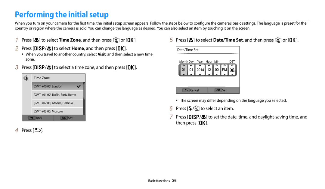 Samsung EC-WB50FZDPWME manual Performing the initial setup, Press c to select Date/Time Set, and then press t or o, Press b 