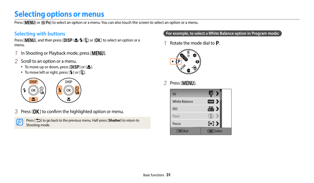 Samsung EC-WB350FDPNME manual Selecting options or menus, Selecting with buttons, Rotate the mode dial to p Press m 