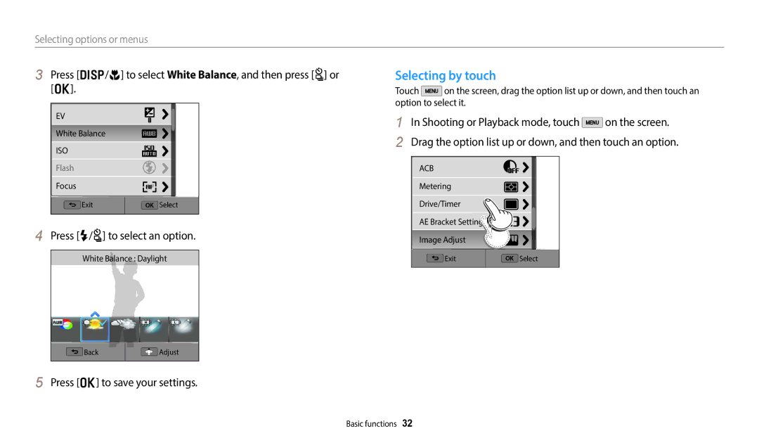 Samsung EC-WB50FZBDBJO, EC-WB350FBPBFR manual Selecting by touch, Press D/c to select White Balance, and then press t or o 