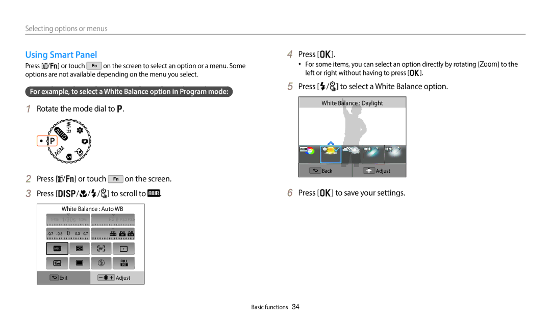 Samsung EC-WB350FBDRJO, EC-WB350FBPBFR manual Using Smart Panel, Press o, Press F/t to select a White Balance option 