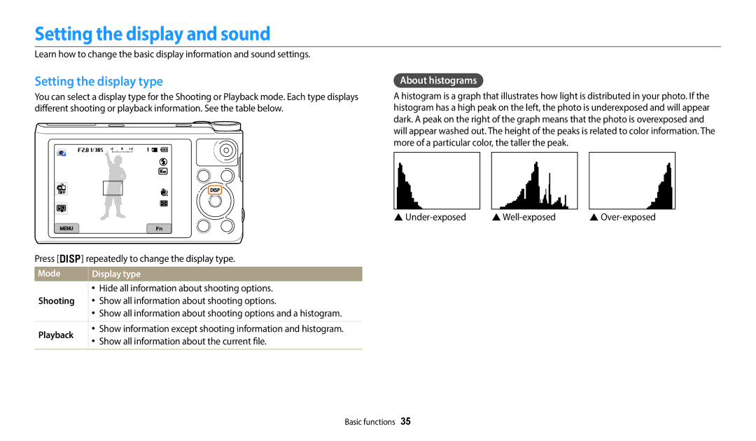 Samsung EC-WB350FBDWSA manual Setting the display and sound, Setting the display type, About histograms, Mode Display type 