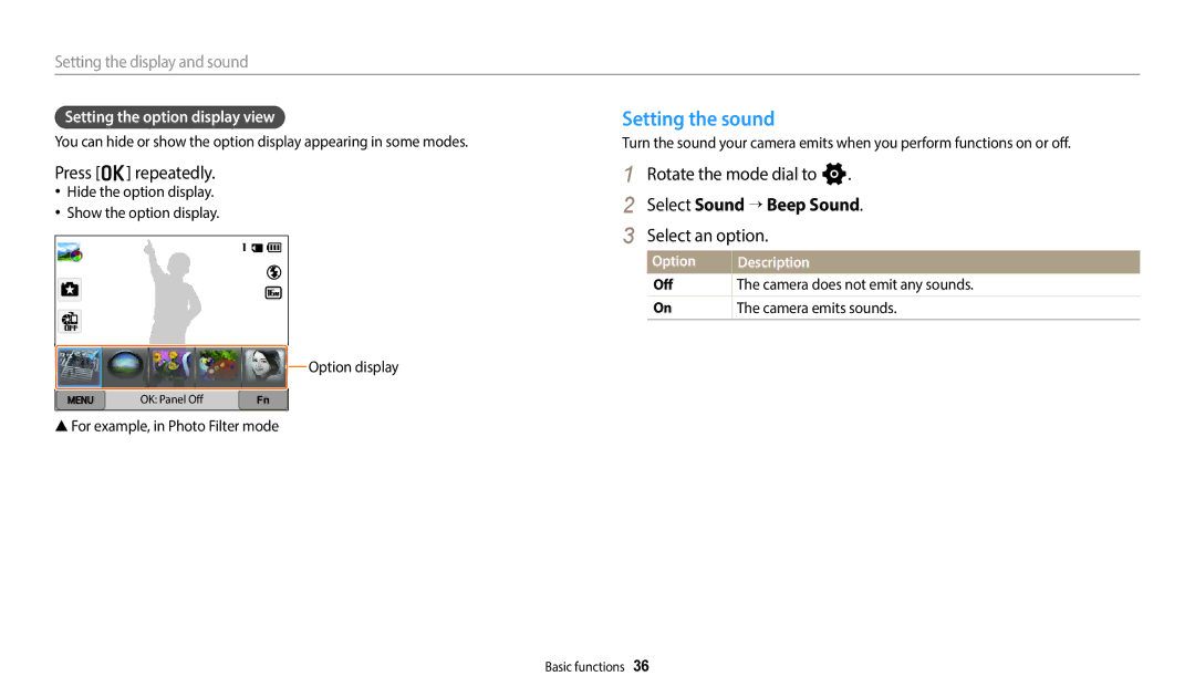 Samsung EC-WB350FBPNRU, EC-WB350FBPBFR Setting the sound, Press o repeatedly, Select Sound → Beep Sound, Select an option 