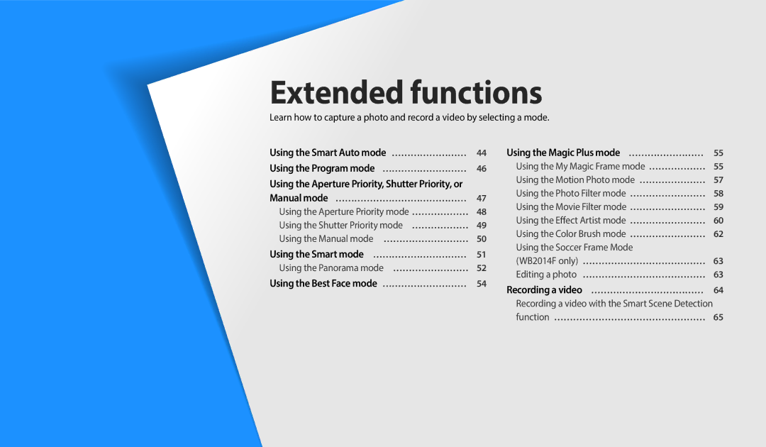 Samsung EC-WB350FDDBZA, EC-WB350FBPBFR, EC-WB50FZBPBFR manual Extended functions, Using the Best Face mode ……………………… 