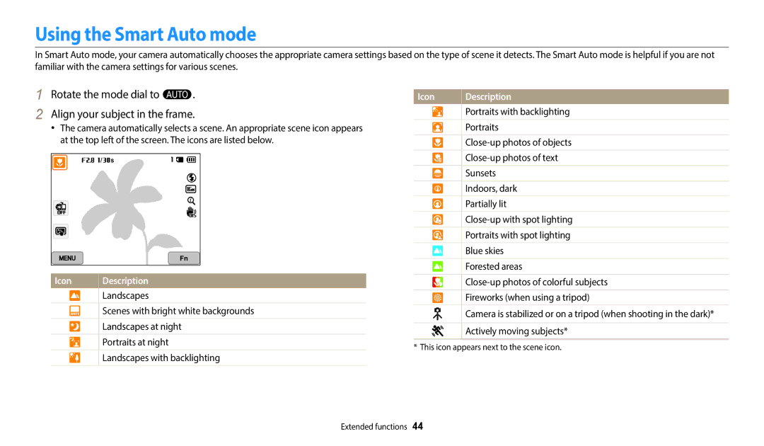 Samsung EC-WB350FDPRME manual Using the Smart Auto mode, Rotate the mode dial to T Align your subject in the frame 