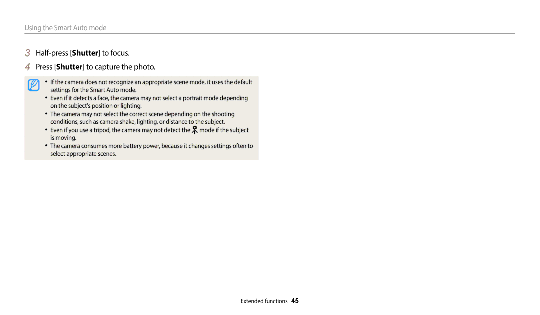 Samsung EC-WB350FDPWZA, EC-WB350FBPBFR, EC-WB50FZBPBFR, EC-WB352FBDWFR, EC-WB352FBDBFR manual Using the Smart Auto mode 