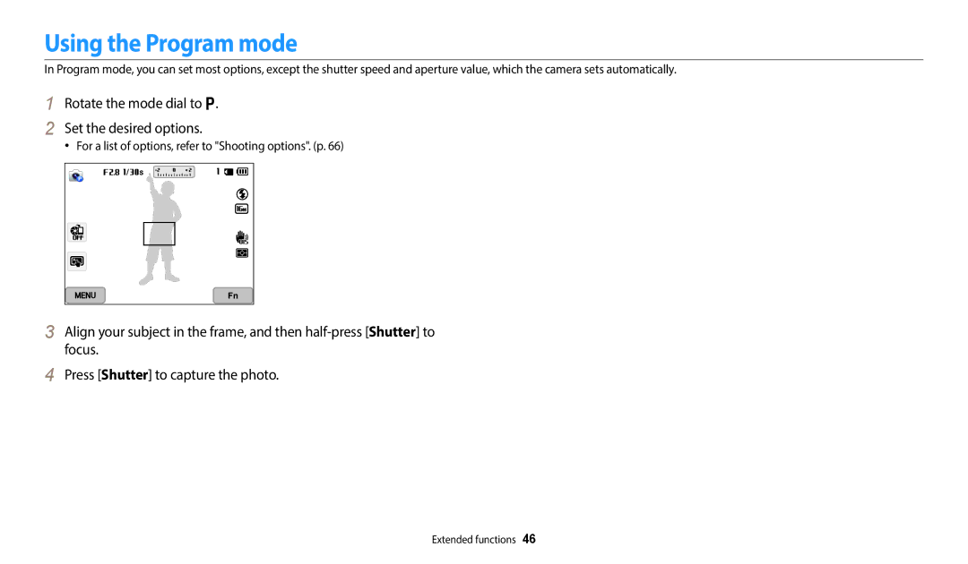 Samsung EC-WB350FBDWJO, EC-WB350FBPBFR manual Using the Program mode, Rotate the mode dial to p Set the desired options 