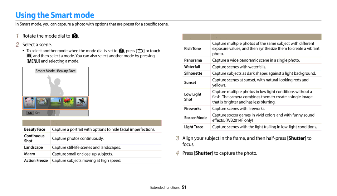 Samsung EC-WB50FZBDWSA, EC-WB350FBPBFR Using the Smart mode, Rotate the mode dial to s Select a scene, Option Description 