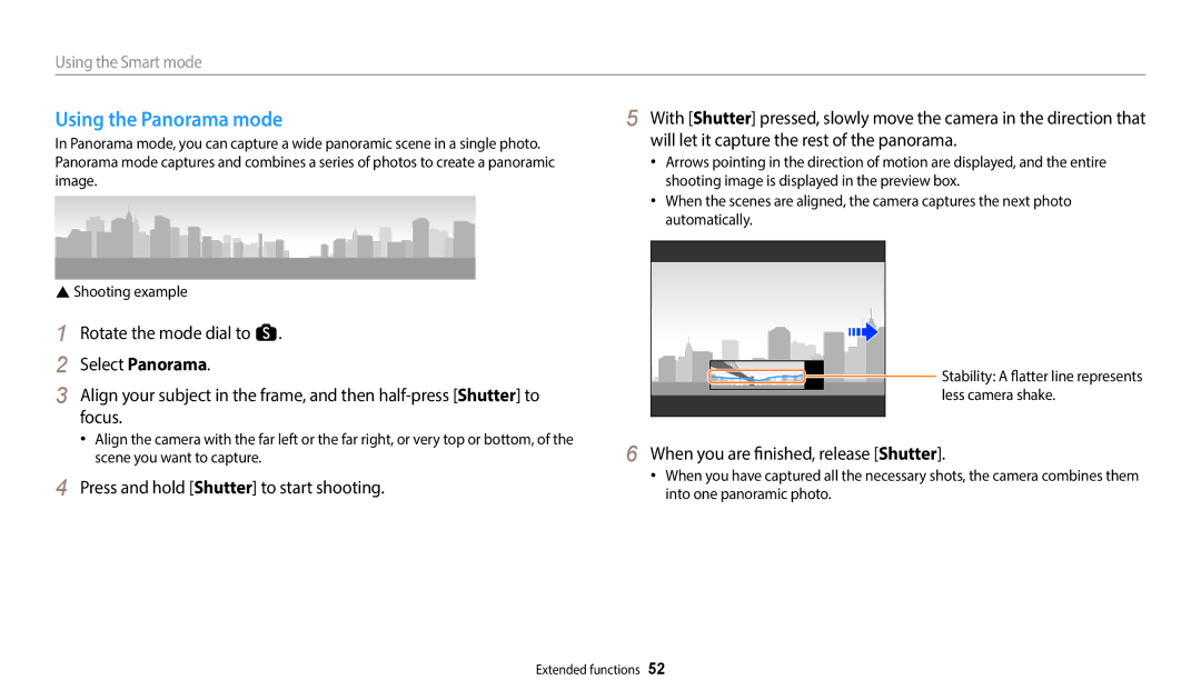 Samsung EC-WB50FZDDWZA, EC-WB350FBPBFR, EC-WB50FZBPBFR manual Using the Panorama mode, When you are finished, release Shutter 