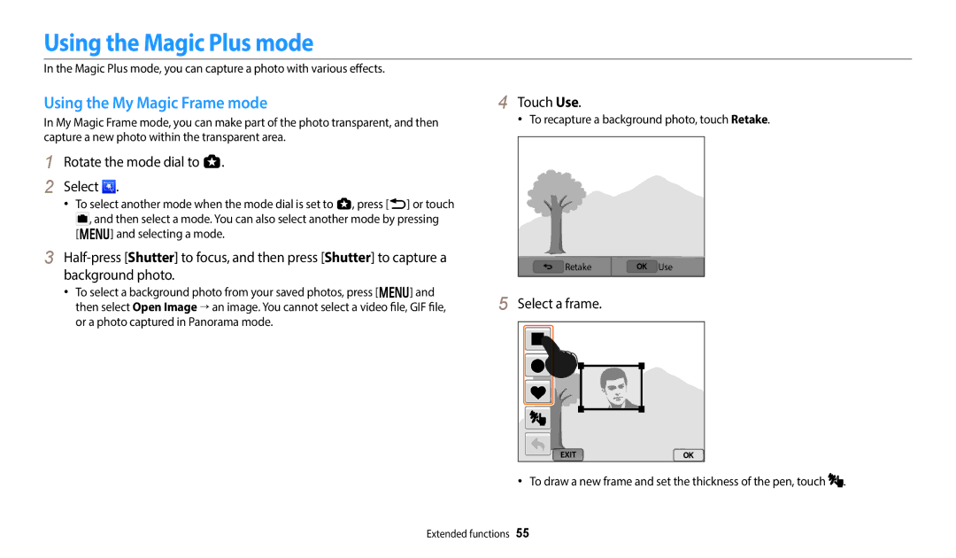 Samsung EC-WB350FBDBSA, EC-WB350FBPBFR Using the Magic Plus mode, Using the My Magic Frame mode, Touch Use, Select a frame 