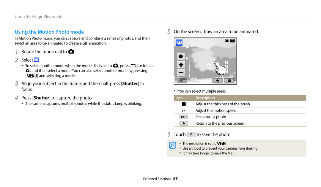 Samsung EC-WB350FBPBWI, EC-WB350FBPBFR manual Using the Motion Photo mode, On the screen, draw an area to be animated 