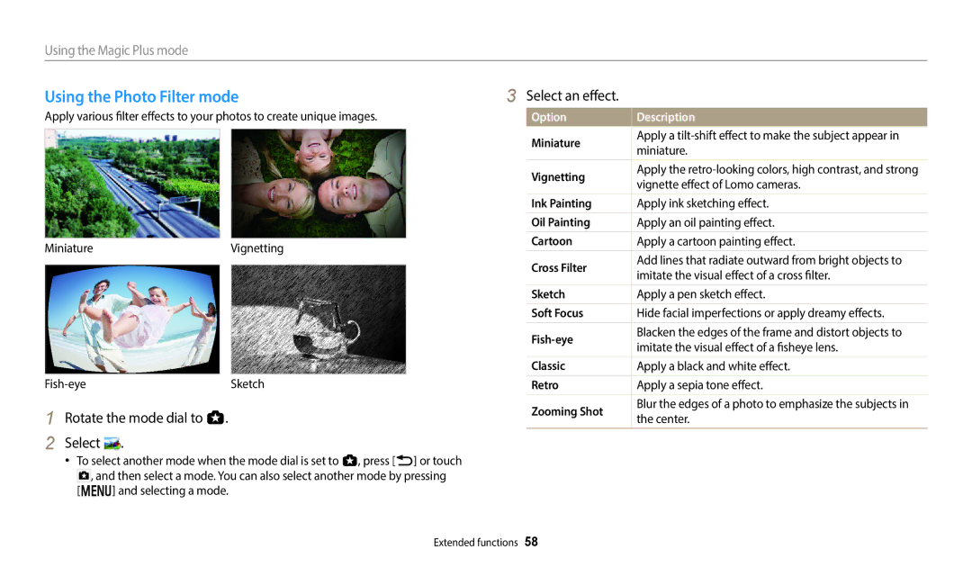 Samsung EC-WB350FBPNDZ, EC-WB350FBPBFR, EC-WB50FZBPBFR, EC-WB352FBDWFR manual Using the Photo Filter mode, Select an effect 