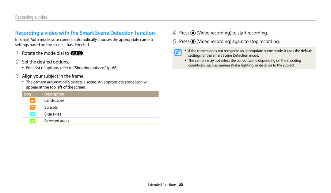 Samsung EC-WB50FZBPBDZ, EC-WB350FBPBFR, EC-WB50FZBPBFR manual Recording a video with the Smart Scene Detection function 