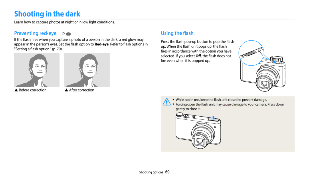 Samsung EC-WB50FZBDBVN, EC-WB350FBPBFR, EC-WB50FZBPBFR manual Shooting in the dark, Preventing red-eye ps, Using the flash 